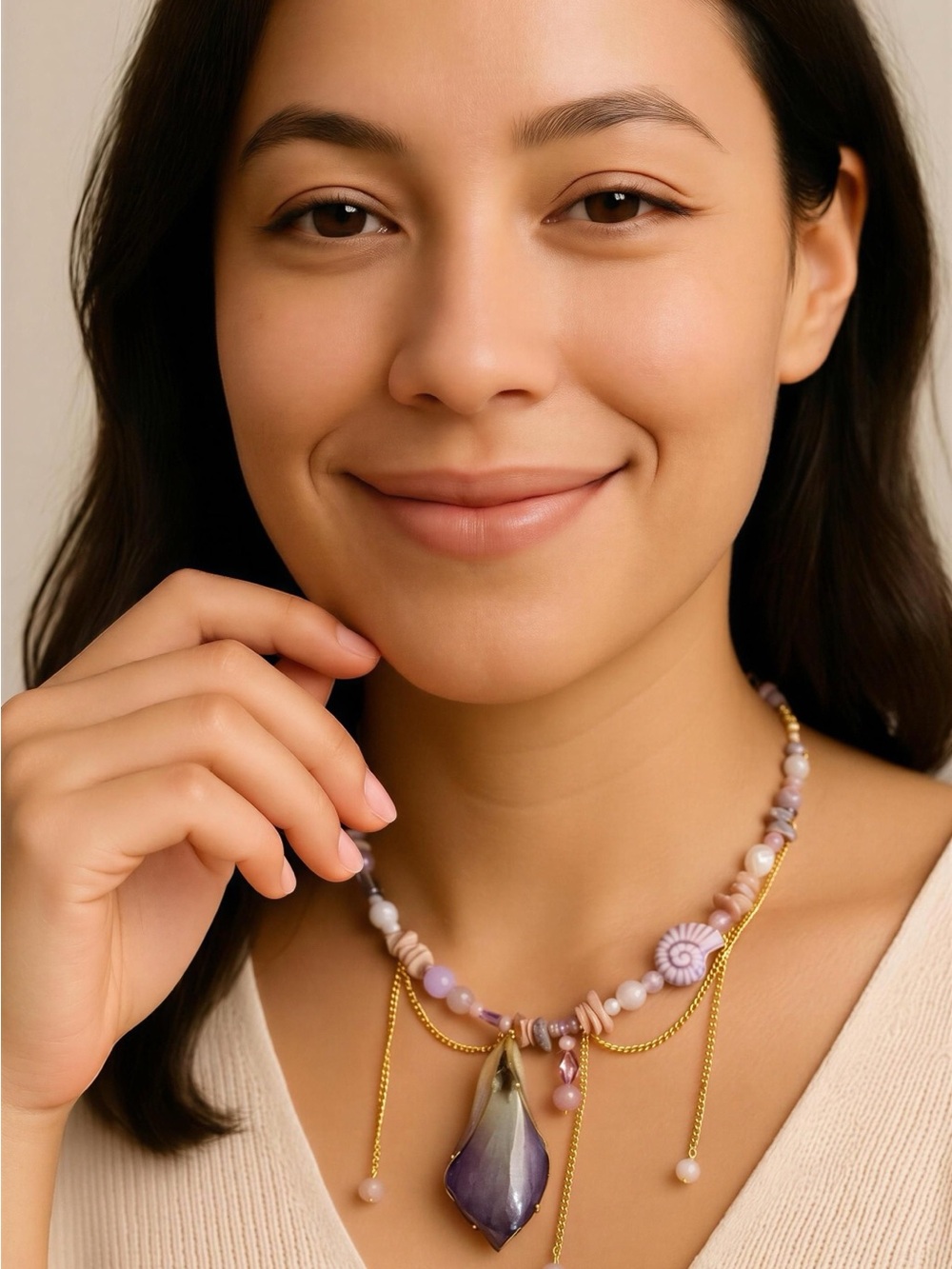 Handcrafted Purple Pendant Beaded Necklace - Women Jewelry